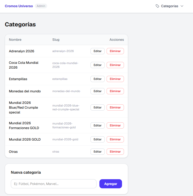 Universo Cromos admin panel